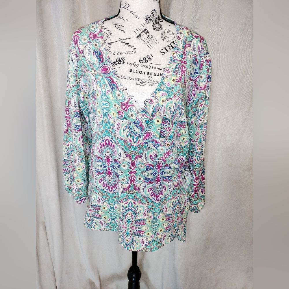 Sunny Leigh Multicolor Paisley Surplice Side Tie Top 3/4 Sleeve. Size XL